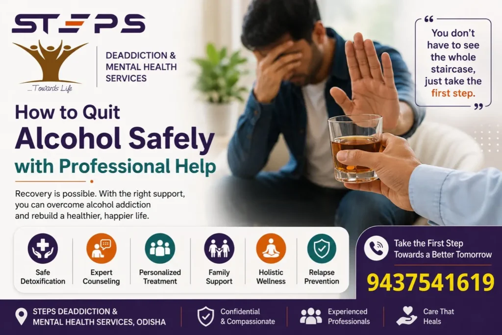 Professional alcohol addiction treatment and recovery support at STEPS Deaddiction & Mental Health Services Odisha.