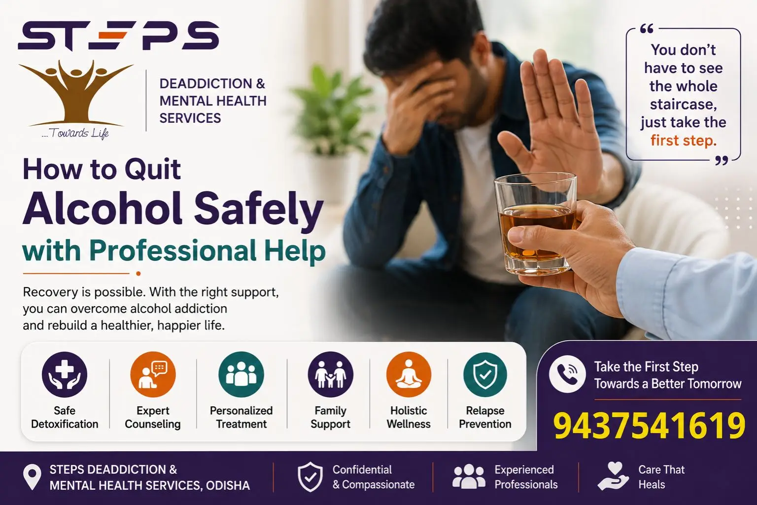 Professional alcohol addiction treatment and recovery support at STEPS Deaddiction & Mental Health Services Odisha.