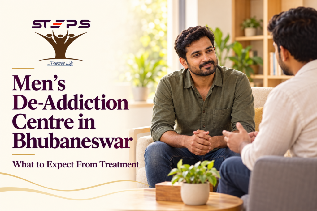 Illustration of a man speaking with a counsellor for a men’s de-addiction treatment guide in Bhubaneswar.