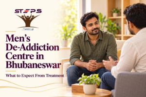 Illustration of a man speaking with a counsellor for a men’s de-addiction treatment guide in Bhubaneswar.
